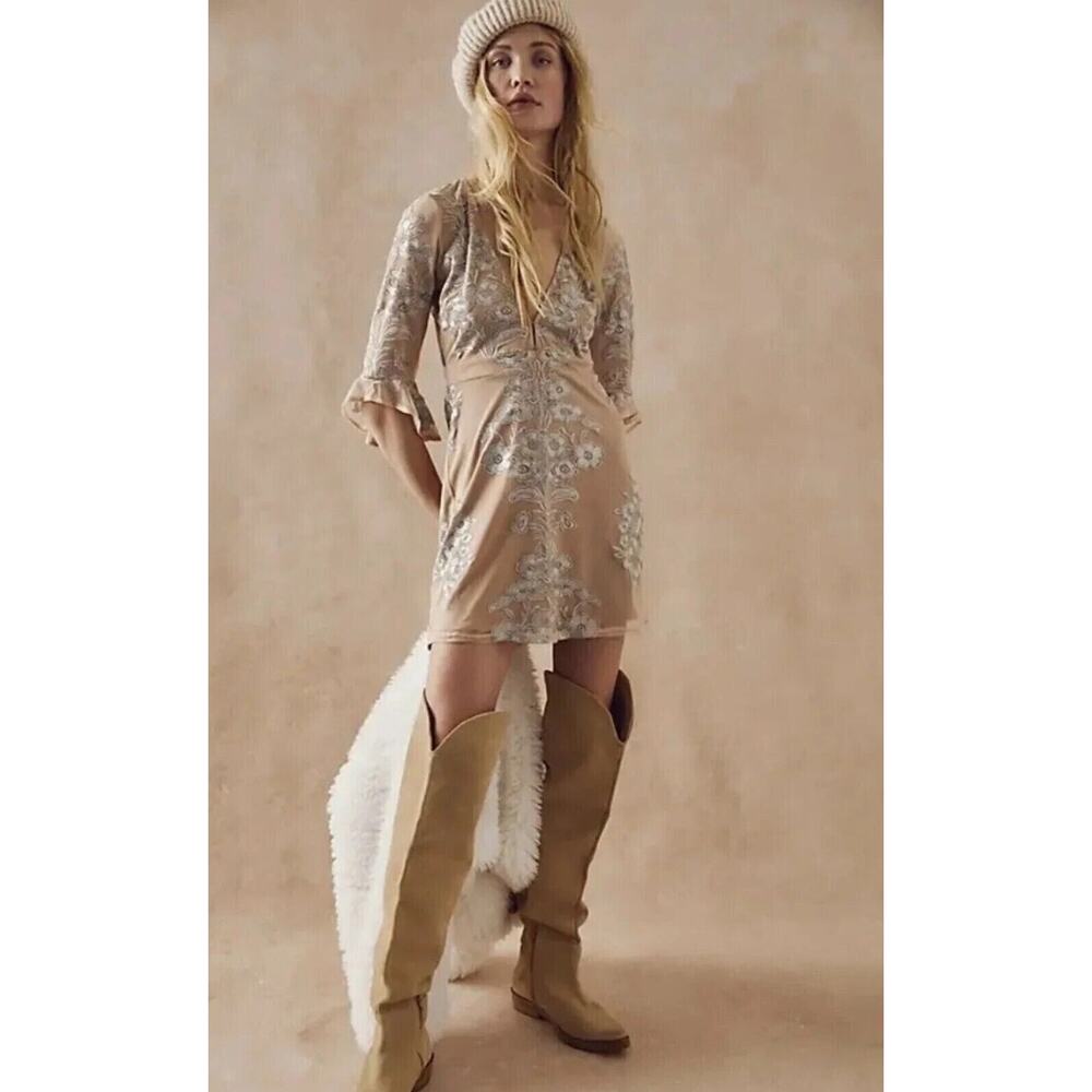 Free People For Love & Lemons Temecula Mini Dress Beige Womens Size XS